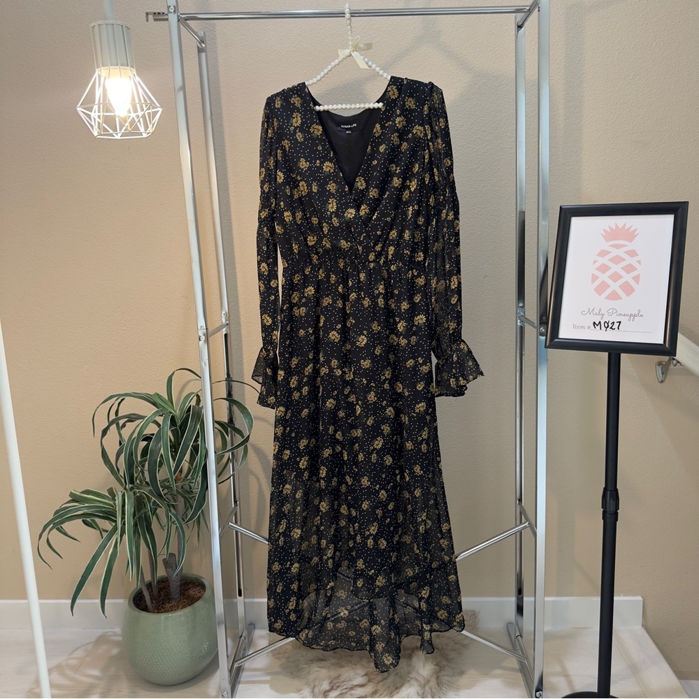 Sugar+Lips size L long sleeve sheer floral wrap maxi dress